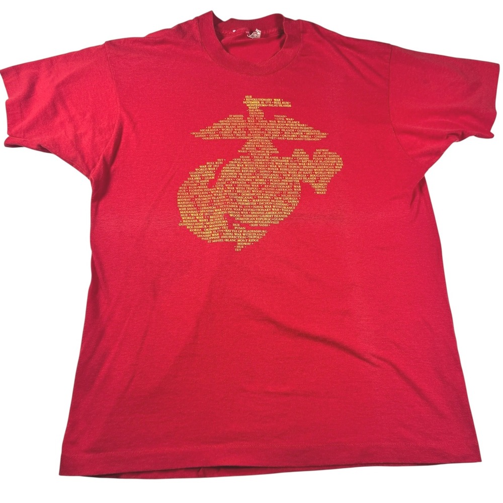 USMC Marine Corps Battle Honors T-Shirt Red XL USA Made Vintage Single Stitch